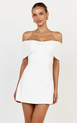 Thalia Mini Dress - Off Shoulder Bow Detail Dress in White