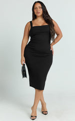 Tiffy Midi Dress - Square Neck Ruched Bodycon Dress in Black