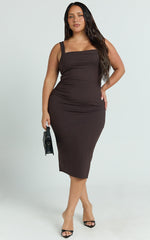 Tiffy Midi Dress - Square Neck Ruched Bodycon Dress in Chocolate