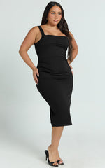 Tiffy Midi Dress - Square Neck Ruched Bodycon Dress in Black