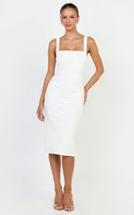 Tiffy Midi Dress - Square Neck Ruched Bodycon Dress in White