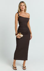 Tilly Midi Dress - Stretch Fitted Shoulder Trim Side Split Dress in Chocolate