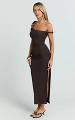 Tilly Midi Dress - Stretch Fitted Shoulder Trim Side Split Dress in Chocolate