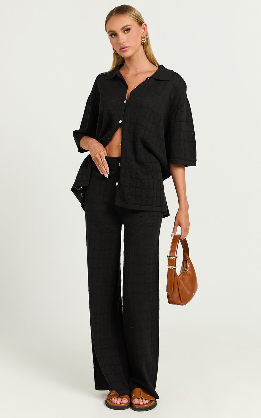 Tommy Two Piece Set - Knit Button Through Top and Pants Two Piece Set in Black