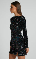 Tracy Mini Dress - Sequin Long Sleeve Backless Dress in Black