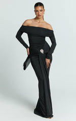 Trish Maxi Dress - Off Shoulder Hardware Trim Bodycon Dress in Black