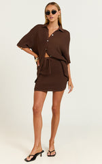 Tristan Top - Crochet Knit Button Through Collared Shirt in Chocolate