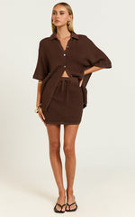 Tristan Top - Crochet Knit Button Through Collared Shirt in Chocolate
