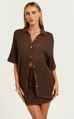 Tristan Top - Crochet Knit Button Through Collared Shirt in Chocolate