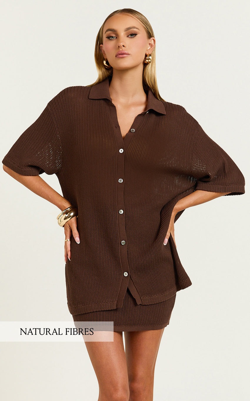 Tristan Top - Crochet Knit Button Through Collared Shirt in Chocolate