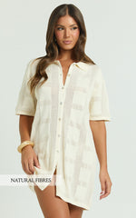 Tully Mini Dress - Knitted Button Through Shift Dress in Cream