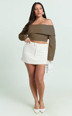 Ursula Top - Long Sleeve Off Shoulder Cropped Top in Mocha