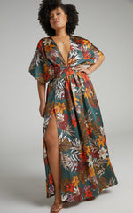 Vacay Ready Maxi Dress - Plunge Thigh Split Dress in Teal Floral Satin