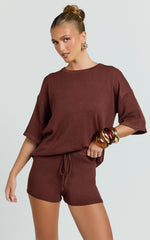 Valencia Two Piece Top And Shorts Set - Knit Tee And Shorts Set in Chocolate