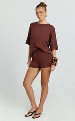 Valencia Two Piece Top And Shorts Set - Knit Tee And Shorts Set in Chocolate