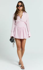 Valerie Mini Dress - Collared Long Sleeve Waist Shirt Dress in Pink