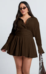 Valerie Mini Dress - Collared Long Sleeve Waist Shirt Dress in Chocolate