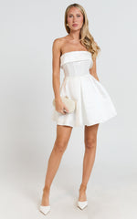 Valora Mini Dress - Strapless Fit and Flare Satin Dress in Ivory