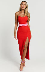 Veronica Midi Dress - Sweetheart Strapless Bow Detail High Split Dress in Red
