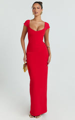 Veronika Maxi Dress - Off Shoulder Plunge High Split Dress in Red