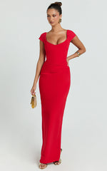 Veronika Maxi Dress - Off Shoulder Plunge High Split Dress in Red