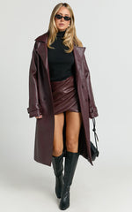 Vicki Trench Coat - Faux Leather Washed Trench Coat in Wine