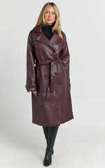Vicki Trench Coat - Faux Leather Washed Trench Coat in Wine