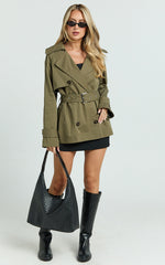 Vicky Jacket - Short Belted Trench Coat in Olive