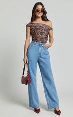 Vilma Top - Off Shoulder Gathered Mesh Top in Leopard Print