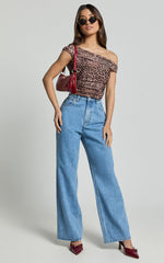 Vilma Top - Off Shoulder Gathered Mesh Top in Leopard Print