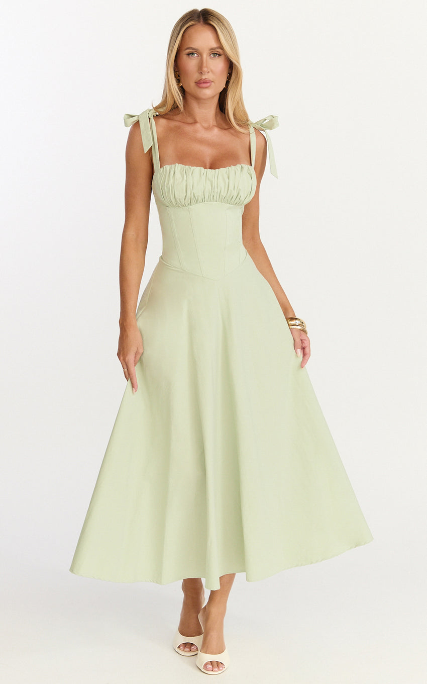 Vionette Midi Dress - Halter Neck Ruched Bust Corset Dress in Sage