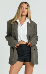 Vivi Blazer - Single Breasted Oversized Check Blazer in Dark Brown