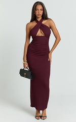 Vivianne Midi Dress - Wrap Halter Neck Fitted Skirt Dress in Wine
