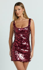 Vivienne Mini Dress - Straight Neck Sequin Dress in Wine