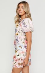 Wren Mini Dress - Puff Sleeve Bodycon 3d Garden Flowers Dress in Pink