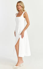 Walters Midi Dress - Square Neck Shirred Back Fit and Flare Panel Dress in White