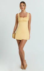 Welmina Mini Dress - Square Neck Front Placket Dress in Lemon