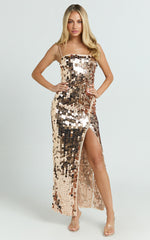 Wilfreda Midi Dress - Sequin Square Neck Bodycon Dress in Rose Gold