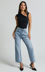 Wilkins Jeans - High Waisted Straight Leg Cropped Hem Jeans in Mid Blue Wash