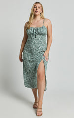 Willa Midi Dress - Ruched Bust Thigh Split Dress in Olive Floral