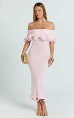 Winnie Maxi Dress - Off Shoulder Frilled Hem Knitted Dress in Baby Pink