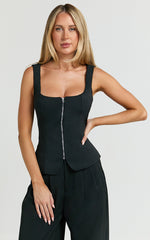 Xandria Top - Scoop Neck Hardware Zip Front Vest Top in Black