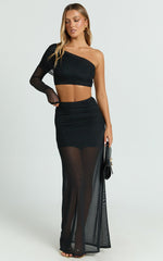 Xandy Two Piece Set - One Sleeve Ruched Mesh Top and Maxi Skirt in Black