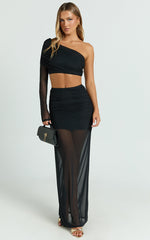 Xandy Two Piece Set - One Sleeve Ruched Mesh Top and Maxi Skirt in Black