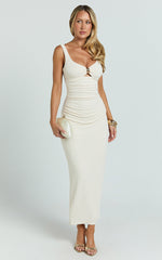 Yenna Midi Dress - Strappy Ruche Front Hardware Trim Fitted Skirt Dress in Cream