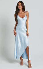 Ylona Midi Dress - Asymmetric Draped Bias Cut Satin Slip Dress in Ice Blue