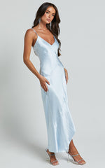 Ylona Midi Dress - Asymmetric Draped Bias Cut Satin Slip Dress in Ice Blue