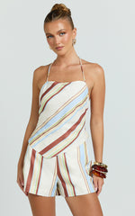 Yuri Two Piece Top and Shorts Set - Stripe Print Halter Top And Tailored Shorts Set in Choco Retro Stripe