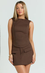 Yvette Top - High Neck Open Back Wool Look Top in Chocolate