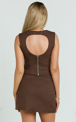 Yvette Top - High Neck Open Back Wool Look Top in Chocolate
